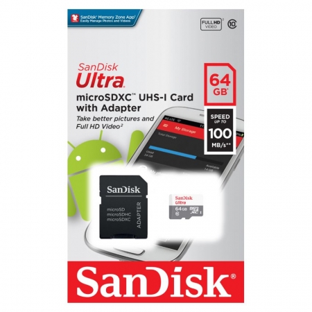   Micro SDXC 64Gb SanDisk Ultra Class 10 UHS-I, 100 / +  SD (SDSQUNR-064G-GN3MA