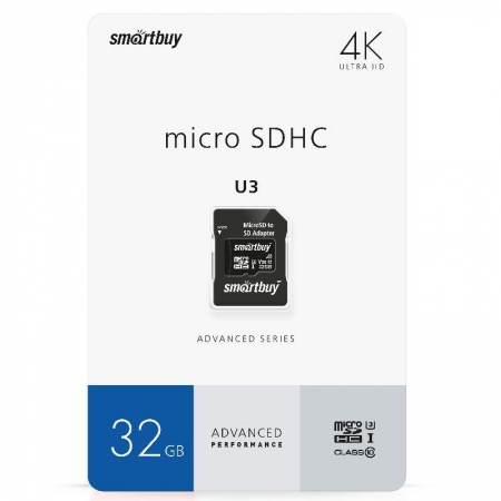   Micro SDHC 32Gb Smartbuy Class 10 U3 V30, 90/55 / +  SD (SB32GBSDU1A-AD)