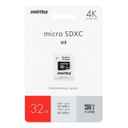 Карта памяти Micro SDHC 32Gb Smartbuy Class 10 U3 V30, 95/60 Мб/с + адаптер SD (SB32GBSDCL10U3L-01)