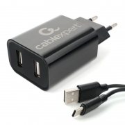 Зарядное устройство Cablexpert MP3A-PC-37 110/220V->5V, 2.4A 2xUSB + кабель Type C, черное