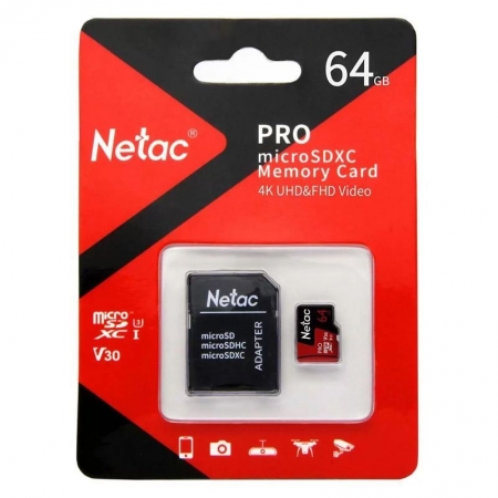   Micro SDXC 64Gb Netac P500 Extreme Pro U3 V30 A1 100 /c +  SD