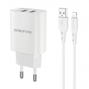 Зарядное устройство Borofone BN2, 2.1А 2xUSB + кабель Lightning, белое