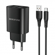 Зарядное устройство Borofone BN2, 2.1А 2xUSB + кабель Type C, черное