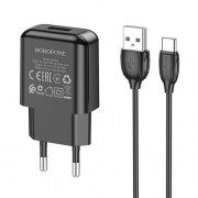 Зарядное устройство Borofone BA64A, 2.1А USB + кабель Type C, черное