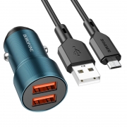 Зарядное автомобильное устройство Borofone BZ19, 2.4A 2xUSB + кабель Micro USB, металл, синее