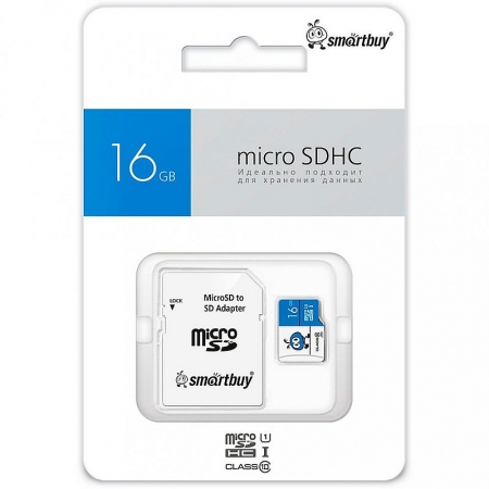 ����� ������ Micro SDHC 16Gb Smartbuy Blue Class 10 UHS-I + ������� SD (SB16GMSDU1BLUE01)