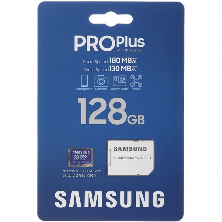 ����� ������ Micro SDXC 128Gb Samsung Pro Plus U3 A2 V30, R180/130 ��/� + ������� SD (MB-MD128SA/KR)
