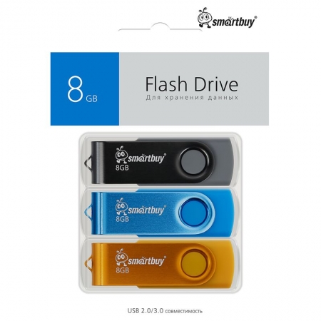 8Gb Smartbuy Twist Black/Blue/Yellow/ USB2.0, �������� 3 �� (SB008GB2TWKBYSET)